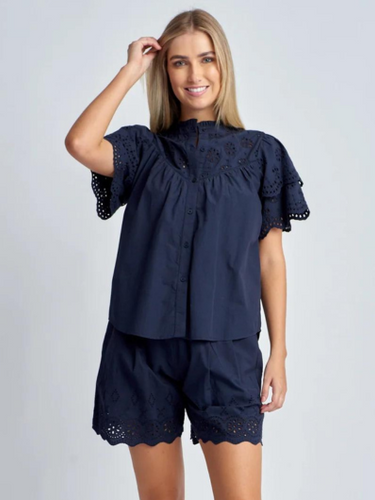 Cloth, Paper, Scissors - Shirt With Frill Embroidered Sleeve - Navy