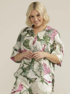 Goondiwindi - Boxy Linen Shirt - Pink Palm Print