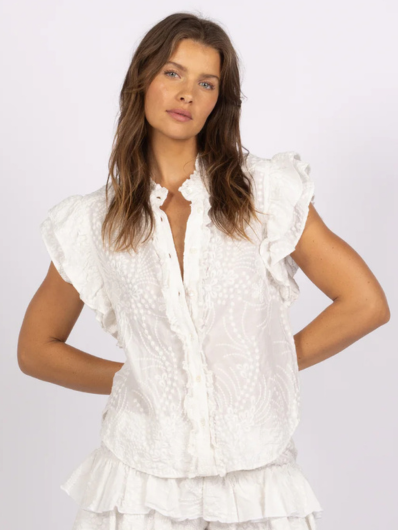 Joey - Daisy Short-Sleeve Ruffle Blouse - Winter White